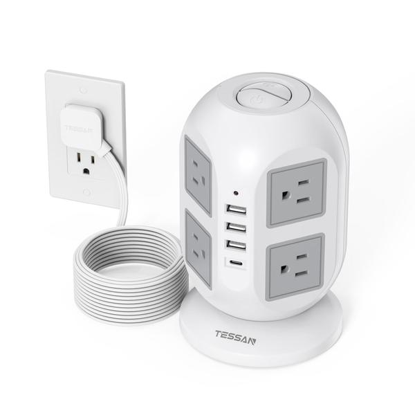 Imagem de Torre Power Strip TESSAN com 8 tomadas AC, 4 portas USB, cabo de 10 pés