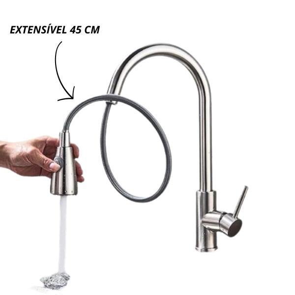 Imagem de Torrneira Gourmet Monocomando Extensível Escovada Cozinha Aço Inox 304