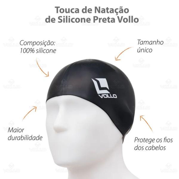 Imagem de Touca De Natação De Silicone Preta Vollo Piscina Praia Mar Cor Preto Desenho Do Tecido Liso