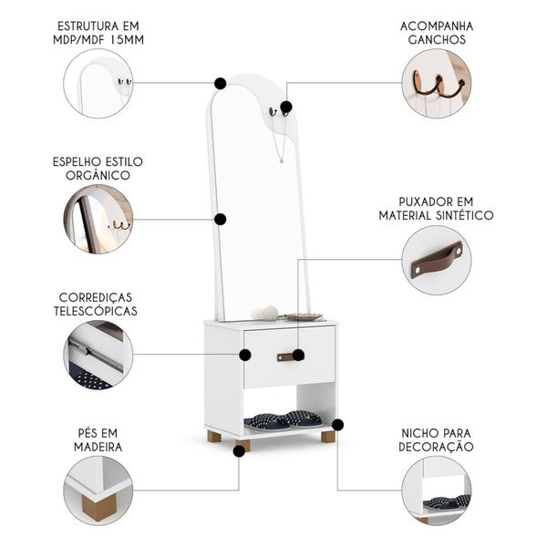 Imagem de Toucador Penteadeira com Espelho 1 Gaveta Organic Branco - EJ Móveis