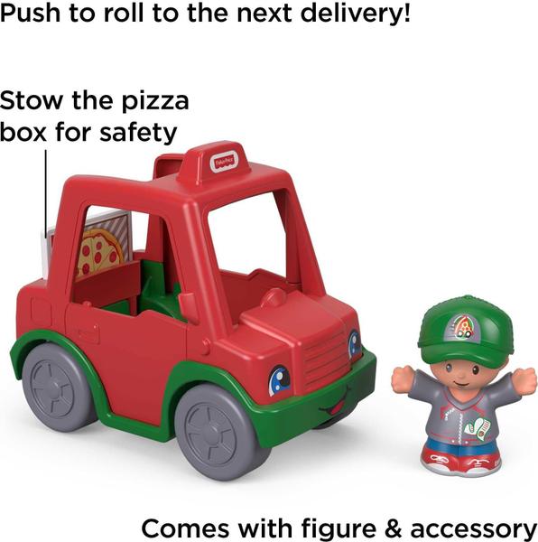 Toy Fisher-Price Little People tem um carro de entrega de pizza fatiada Imagem de Toy Fisher-Price Little People tem um carro de entrega de pizza fatiada