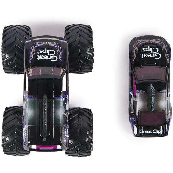 Imagem de Toy Monster Jam Diecast, pacote com 2 unidades, Mohawk Warrior com carro de corrida