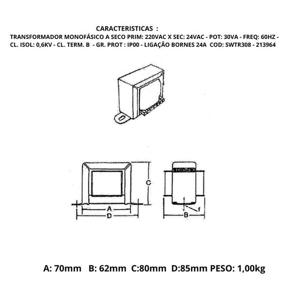 Imagem de Transformador Monofásico de Comando 220V X 24VAC 30VA