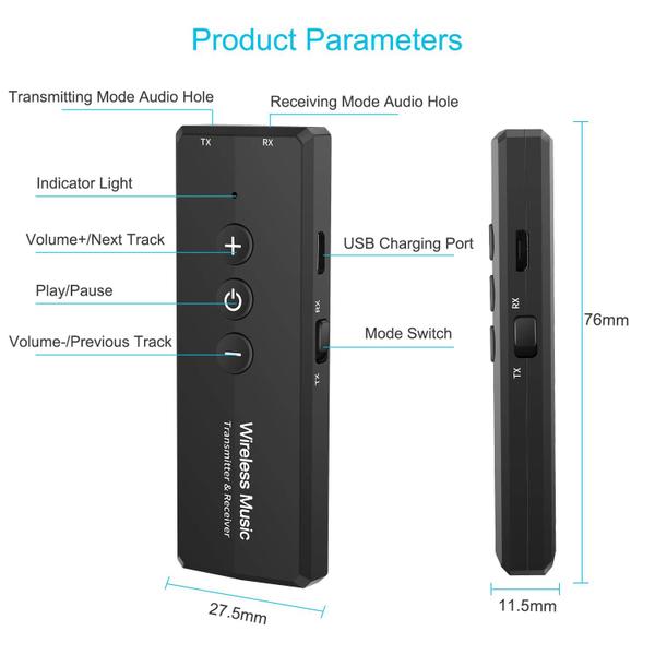 Imagem de Transmissor e Receptor Bluetooth 5.0 3 em 1 - Portátil e Recarregável para TV e Carro