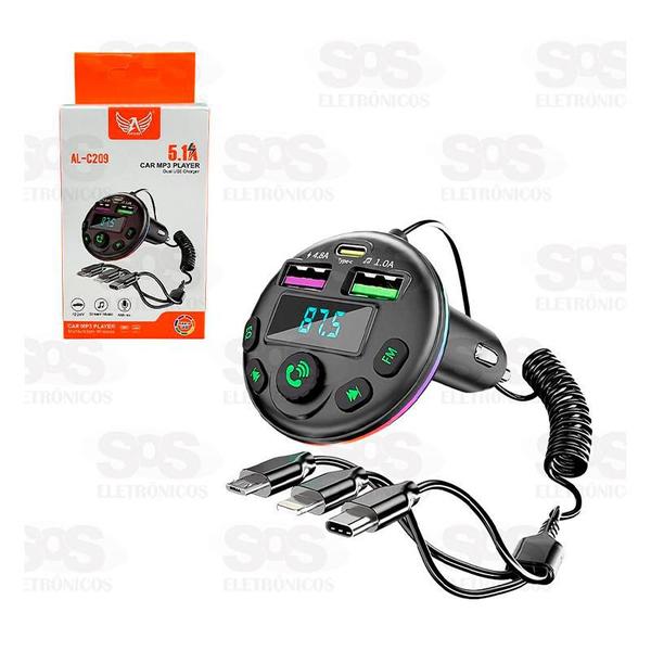 Imagem de Transmissor FM Bluetooth+SD+2USB+MP3+3 Cabos Para Celular