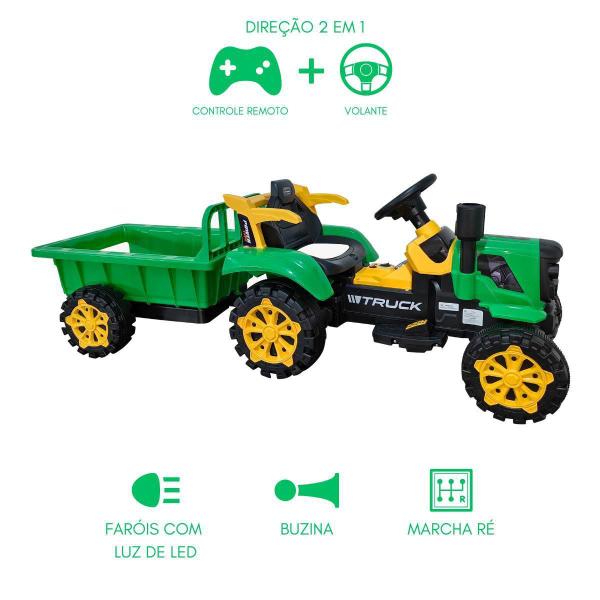 Imagem de Trator Elétrico Infantil 12V Verde Caçamba Música Mp3 Pedal