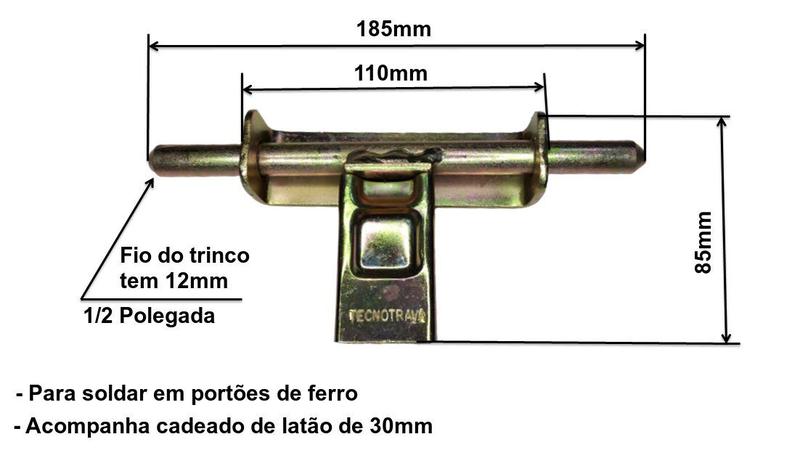 Imagem de Trava trinco e ferrolho para portão com cadeado de latão 30mm