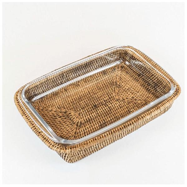 Travessa Refratária Maya Retangular Suporte Rattan 33X21x6.5Cm - Natural Home Imagem de Travessa Refratária Maya Retangular Suporte Rattan 33X21x6.5Cm - Natural Home