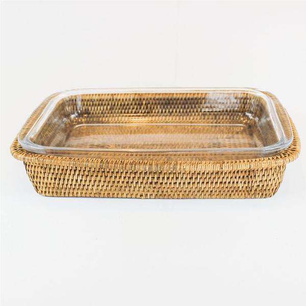 Travessa Refratária Maya Retangular Suporte Rattan 33X21x6.5Cm - Natural Home Imagem de Travessa Refratária Maya Retangular Suporte Rattan 33X21x6.5Cm - Natural Home