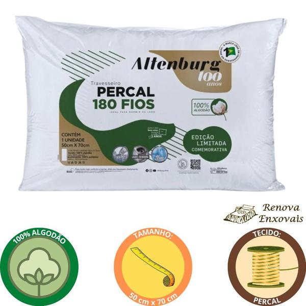 Imagem de Travesseiro Altenburg 180 Fios Suporte Médio Antialérgico Tecido Percal Branco  - 100% Algodão - 50 x 70 cm