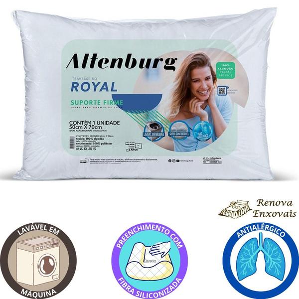 Imagem de Travesseiro Altenburg Royal Suporte Firme Antialérgico Tecido Percal 180 Fios Branco - 100% Algodão - 50 x 70 cm