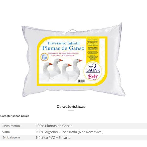 Imagem de Travesseiro Daune Infantil 100% Plumas de Ganso 2011DA 30x40cm Branco