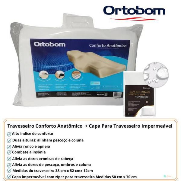 Imagem de Travesseiro Ortobom Cervical Conforto Anatômico Visco + Capa Travesseiro Ortobom Impermeável - Antialérgico - Combate a Insônia -  Alivia Ronco