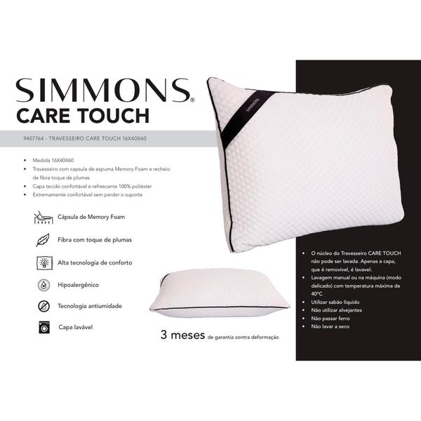 Imagem de Travesseiro Simmons Care Touch, Macio, para fronha 50 x 70 cm