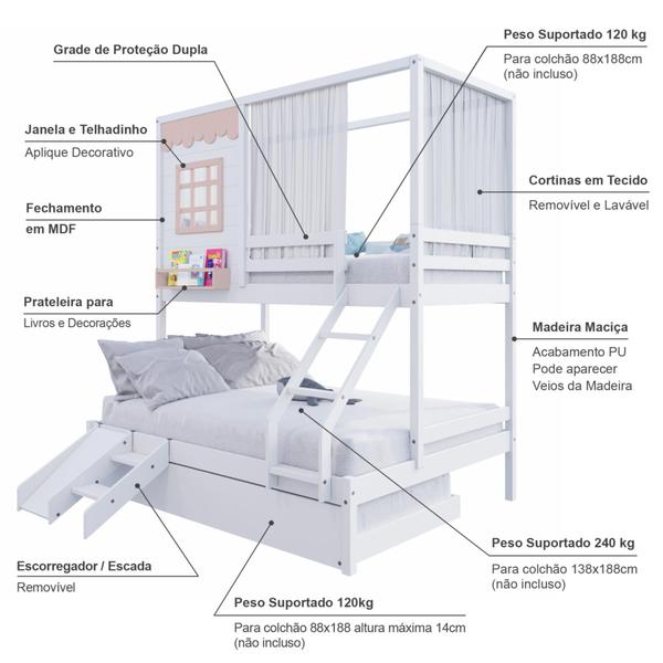 Imagem de Treliche Casinha Reta Casal/ Solteiro com Escorregador e Cortina Madeira Maciça Branco/ Rosa Housin