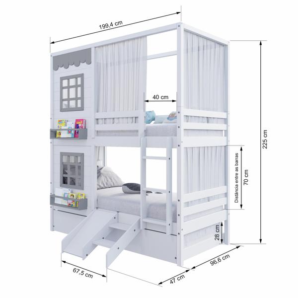 Imagem de Treliche Casinha Reta com 02 Janelas Escorregador e Cortina Madeira Maciça Branco/ Cinza Housin