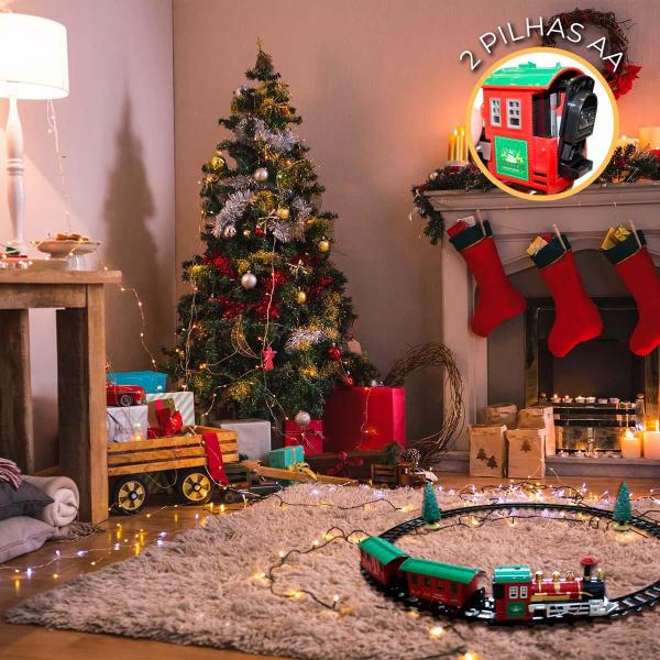 Imagem de Trem pra Arvore de Natal Que Anda Musical com Led Decoração de Luxo com 3 Vagões Pista Circular Desmontável 75cm