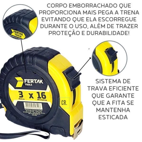 Imagem de Trena 3 Metros Profissional Emborrachada Fertak Fita 16mm Com Trava, Trena de Bolso Fita Metrica Para Pedreiro.