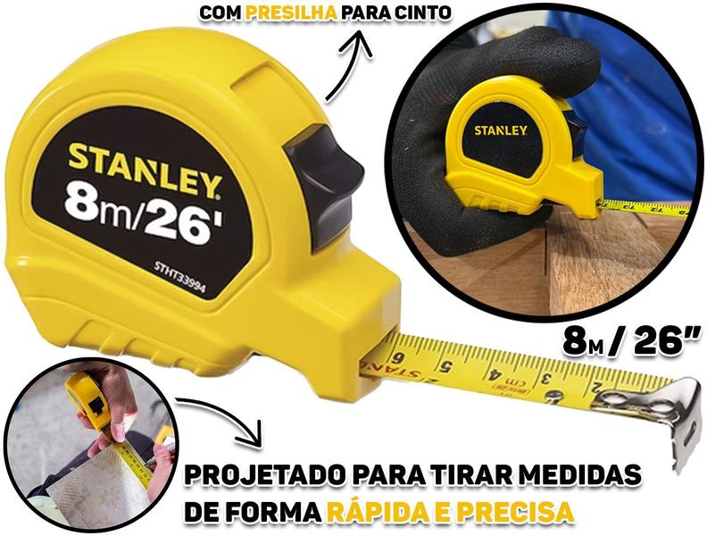 Imagem de Trena Básica Com Freio Manual Fita Revestida 8 Metros Construção Marcenaria Profissional Stanley 