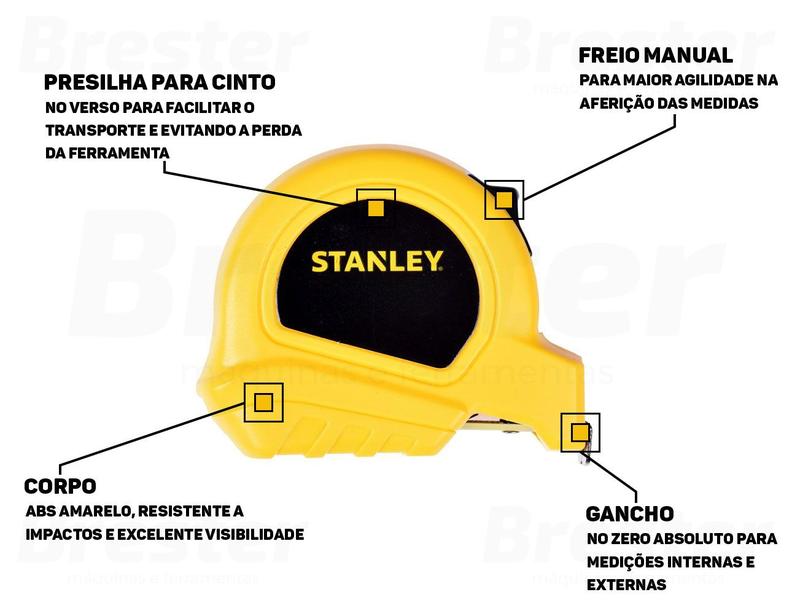 Imagem de Trena Básica Com Freio Manual Fita Revestida 8 Metros Construção Marcenaria Profissional Stanley 