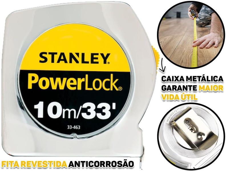 Imagem de Trena Powerlock Profissional De Bolso Com Caixa Metálica E Trava 10 Metros Stanley