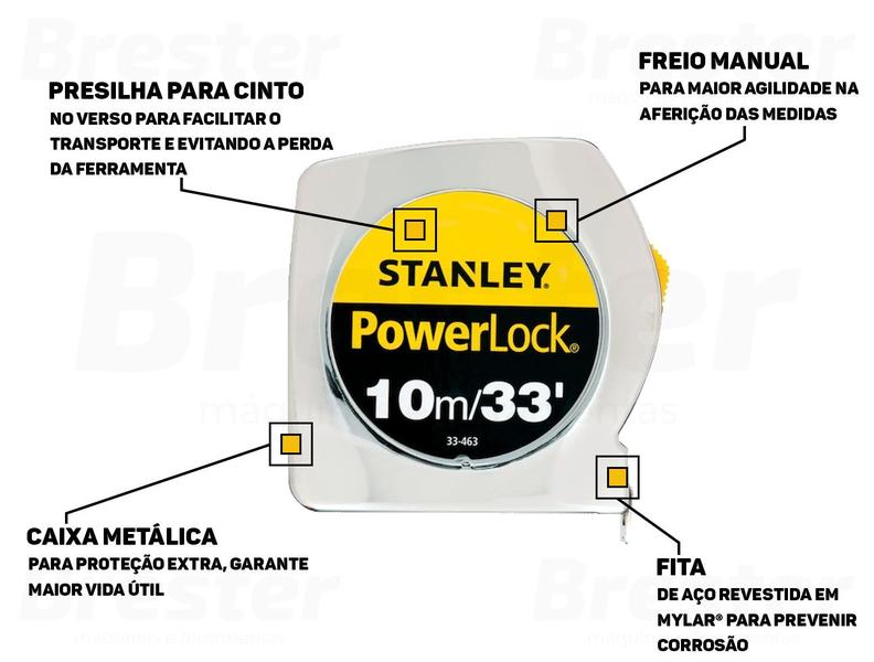 Imagem de Trena Powerlock Profissional De Bolso Com Caixa Metálica E Trava 10 Metros Stanley