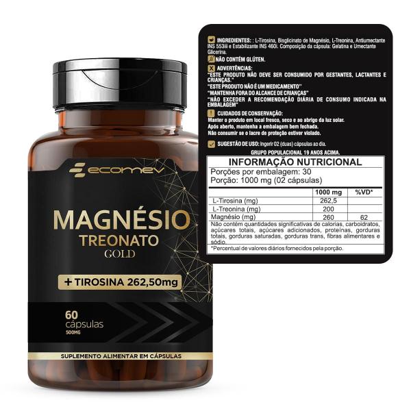 Imagem de Treonato de Magnesio + L Tirosina Gold 500mg 60 Cápsulas Ecomev