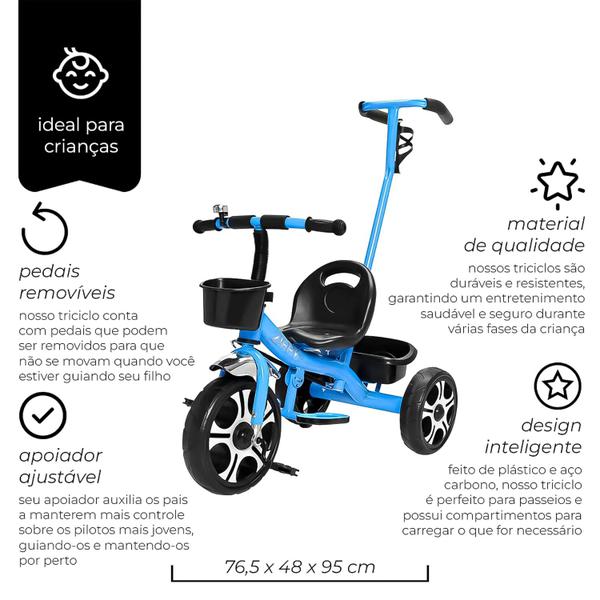 Imagem de Triciclo Azul Com Pedal Cestinha E Empurrador Para Meninos Passeio Infantil Divertido - Zippy Toys