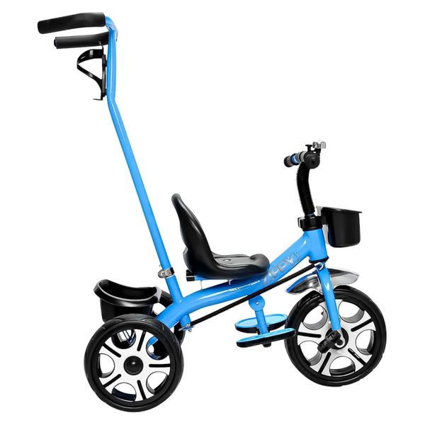 Imagem de Triciclo Azul Com Pedal Cestinha E Empurrador Para Meninos Passeio Infantil Divertido - Zippy Toys