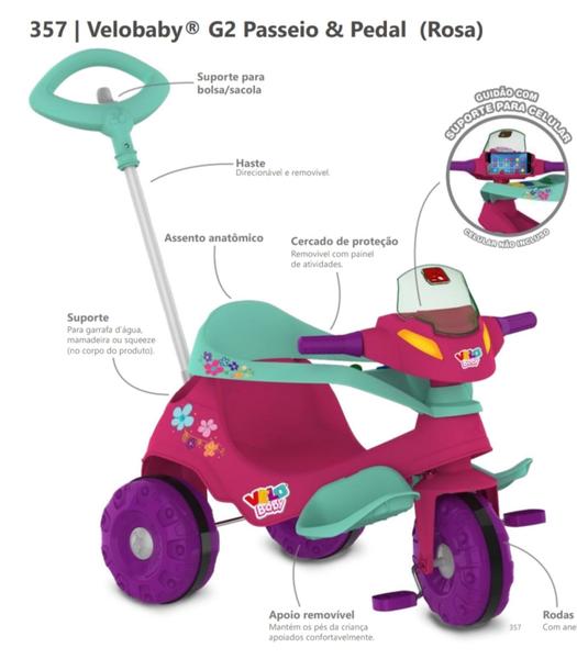 Triciclo Bandeirante Velobaby G2 Passeio e Pedal Motoca Rosa Menina - Bandeirantes Imagem de Triciclo Bandeirante Velobaby G2 Passeio e Pedal Motoca Rosa Menina