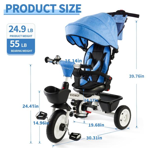 Imagem de Triciclo EOOWOY Baby Trike 6 em 1 com alça de pressão 18M-5Y azul