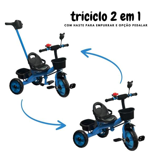 Imagem de Triciclo Infantil 2 em 1 com Empurrador e Pedal Bicicleta 3 Rodas Motoca Azul Importway Bw311