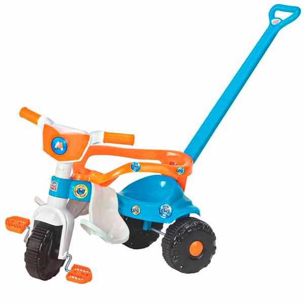 Imagem de Triciclo Infantil Azul E Laranja Para Meninos Motoca Fly Com Haste Pedal E Cesta - Magic Toys