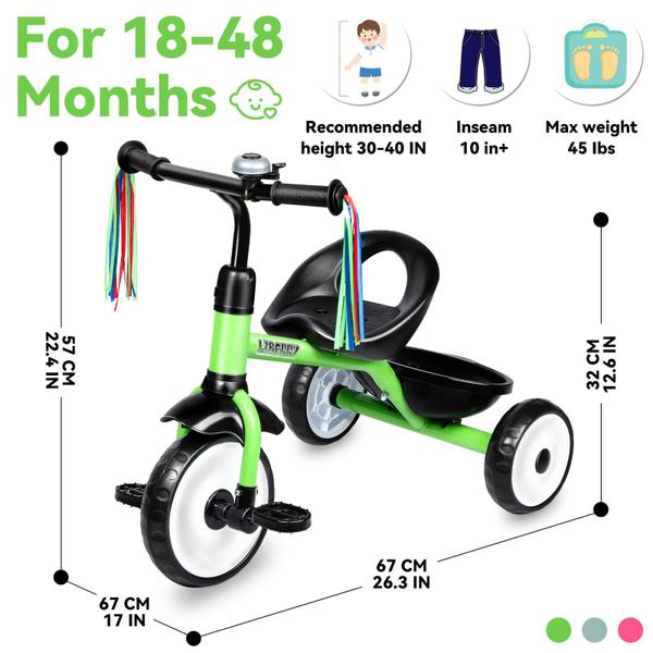 Imagem de Triciclo infantil Liberry Age de 2 a 4 anos com Bell & Basket Green