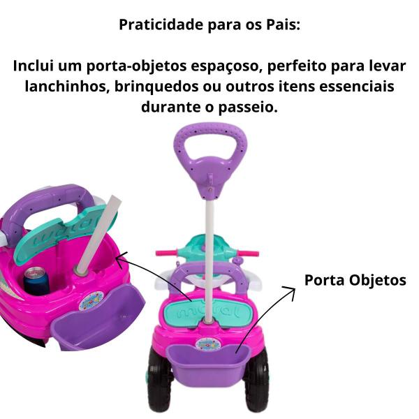 Imagem de Triciclo Infantil Menina Carrinho Empurrador com Pedal Haste Guia Movel Carro Passeio Criança