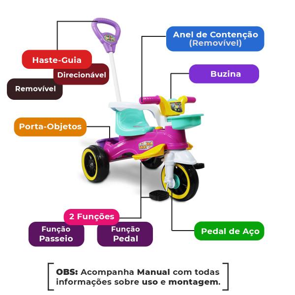 Imagem de Triciclo Infantil Menina Velotrol Carrinho De Passeio Empurrador