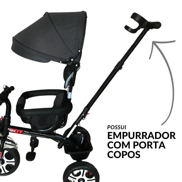 Imagem de Triciclo Infantil Passeio Criança 2 em 1 Com Pedais Capota Reclinável e Removível Multifuncional Com Empurrador Preto