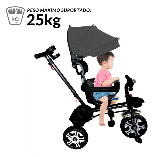 Imagem de Triciclo Infantil Passeio Criança 2 em 1 Com Pedais Capota Reclinável e Removível Multifuncional Com Empurrador Preto