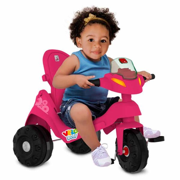 Imagem de Triciclo Infantil - Passeio e Pedal - Velobaby Reclinável - Rosa-Preto - Bandeirante