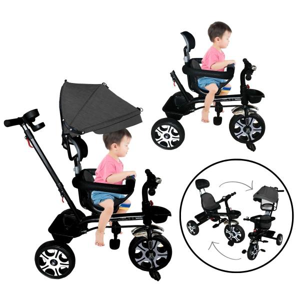 Imagem de Triciclo Motoca Bicicleta 3 Rodas Infantil Passeio com Empurrador Pedal Capota Preto Brinqway Bw302