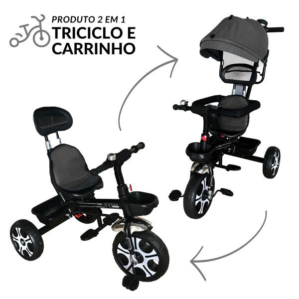 Imagem de Triciclo Motoca Bicicleta 3 Rodas Infantil Passeio com Empurrador Pedal Capota Preto Brinqway Bw302