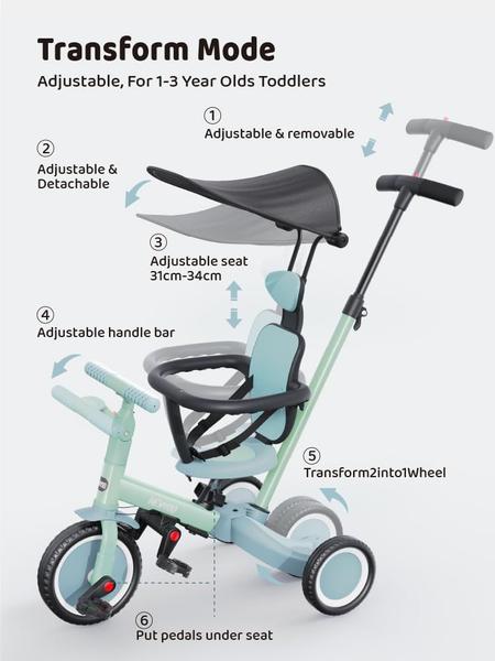 Imagem de Triciclo newyoo TR009 6 em 1 com alça de pressão e dossel verde