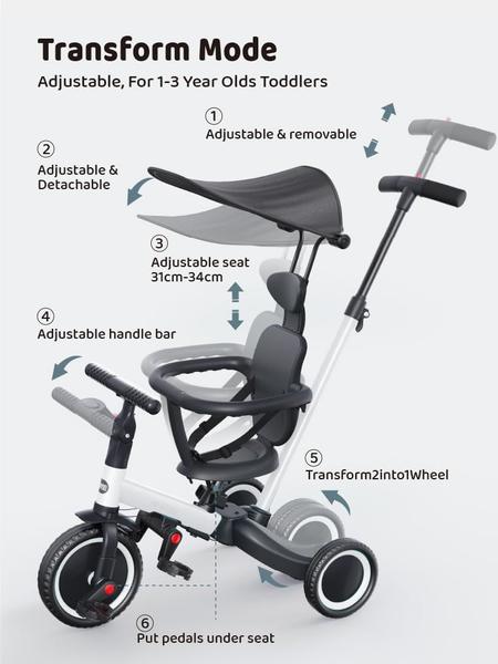 Imagem de Triciclo newyoo TR009 para crianças de 1 a 3 anos com alça e dossel