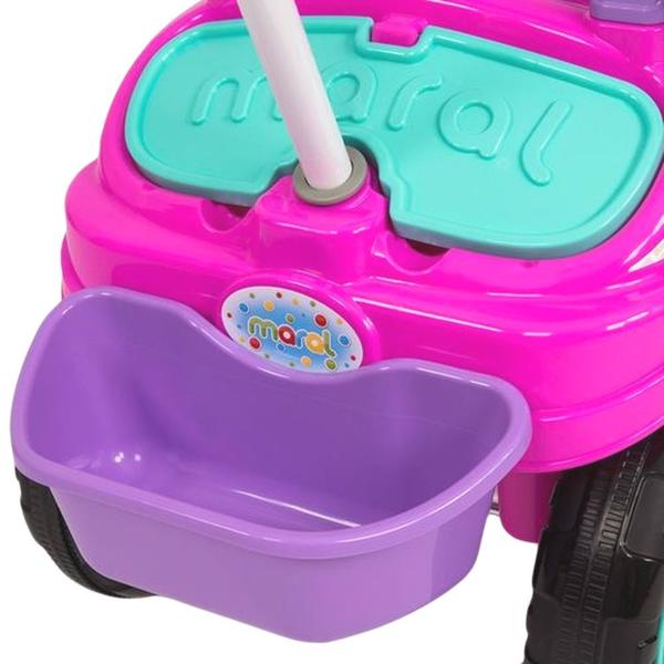 Imagem de Triciclo Rosa com Alça de Segurança Apoio de Pé e Porta Objetos para Passeio Infantil Velotrol Haste para Empurrar