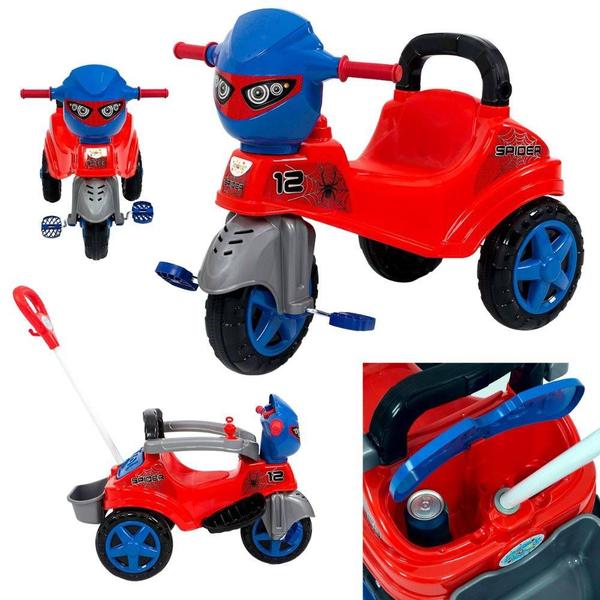 Imagem de Triciclo Spider Infantil com Pedal Tico Tico Haste para Empurrar e Porta Objetos Diversão e Segurança em Passeios