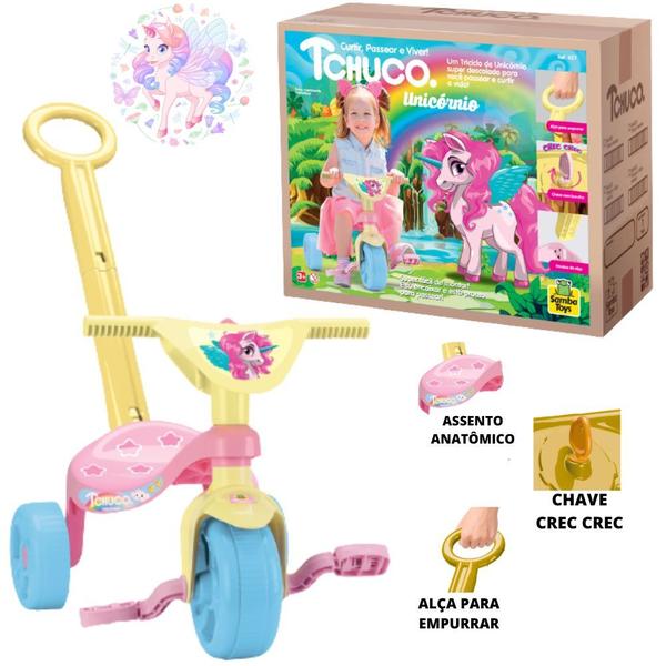 Imagem de Triciclo Tchuco Tico Tico Unicornio Rosa Menina com Haste Samba Toys