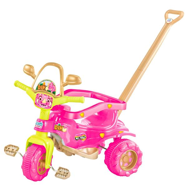 Imagem de Triciclo Tico Tico Dino Rosa Motoca Infantil Com Empurrador E Aro Proteção Magic Toys