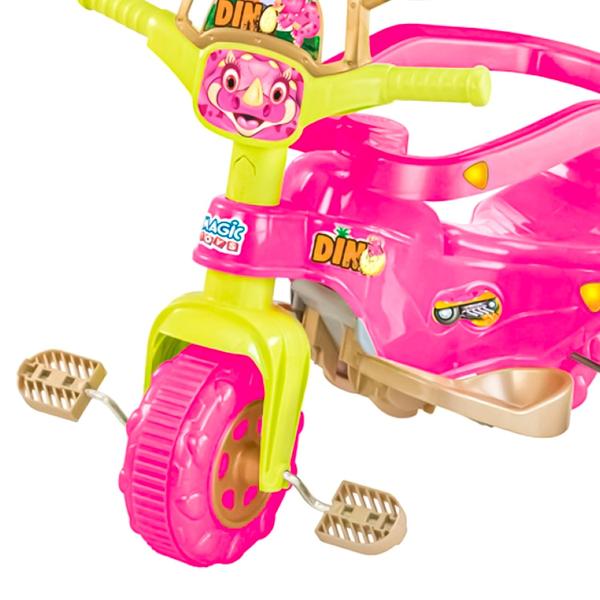 Imagem de Triciclo Tico Tico Dino Rosa Motoca Infantil Com Empurrador E Aro Proteção Magic Toys