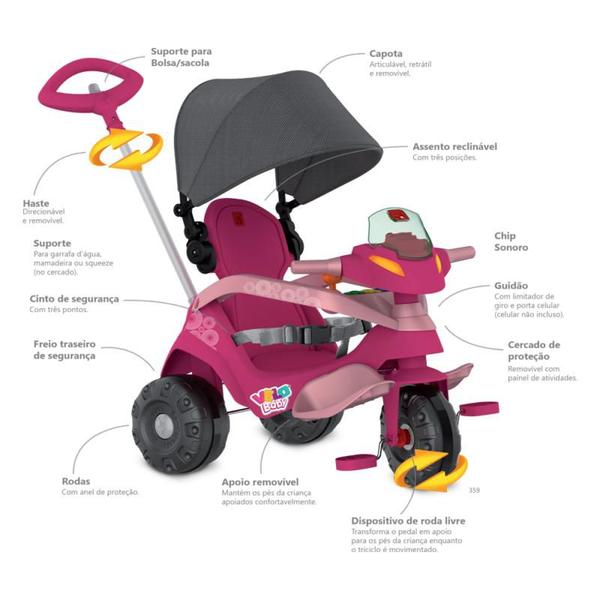 Imagem de Triciclo Velobaby Recinável com Capota Passeio e Pedal Rosa Bandeirante