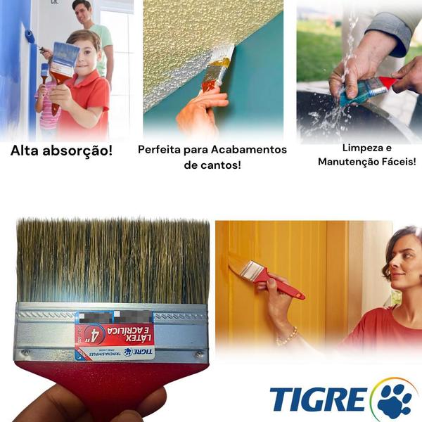 Imagem de Trincha 4” Polegadas Tigre  Pincel Simples Pintura Acrílica Cabo Plástico Parede Profissional Natural Angular Cerdas Macias  Larga Sintética Látex